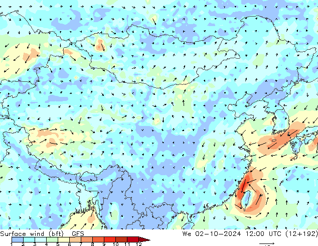 Bodenwind (bft) GFS Mi 02.10.2024 12 UTC