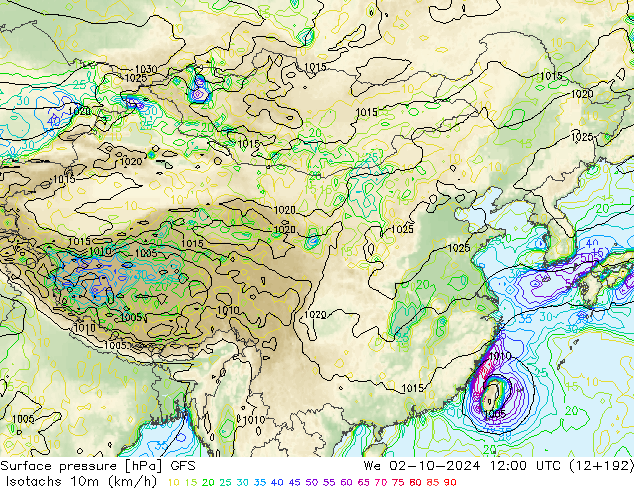 Isotachs (kph) GFS Qua 02.10.2024 12 UTC