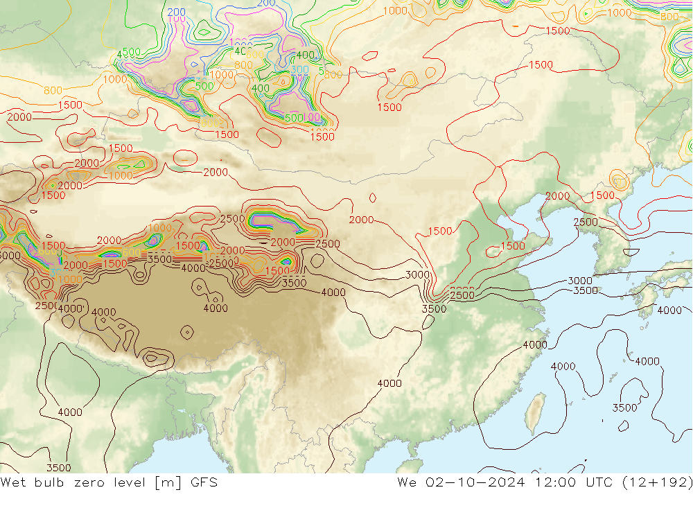 Wet bulb zero level GFS 星期三 02.10.2024 12 UTC