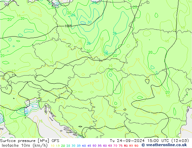 Eşrüzgar Hızları (km/sa) GFS Sa 24.09.2024 15 UTC