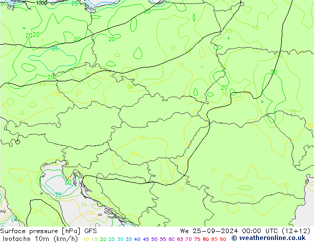 Isotachs (kph) GFS We 25.09.2024 00 UTC