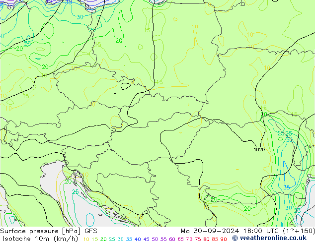 Isotachen (km/h) GFS ma 30.09.2024 18 UTC