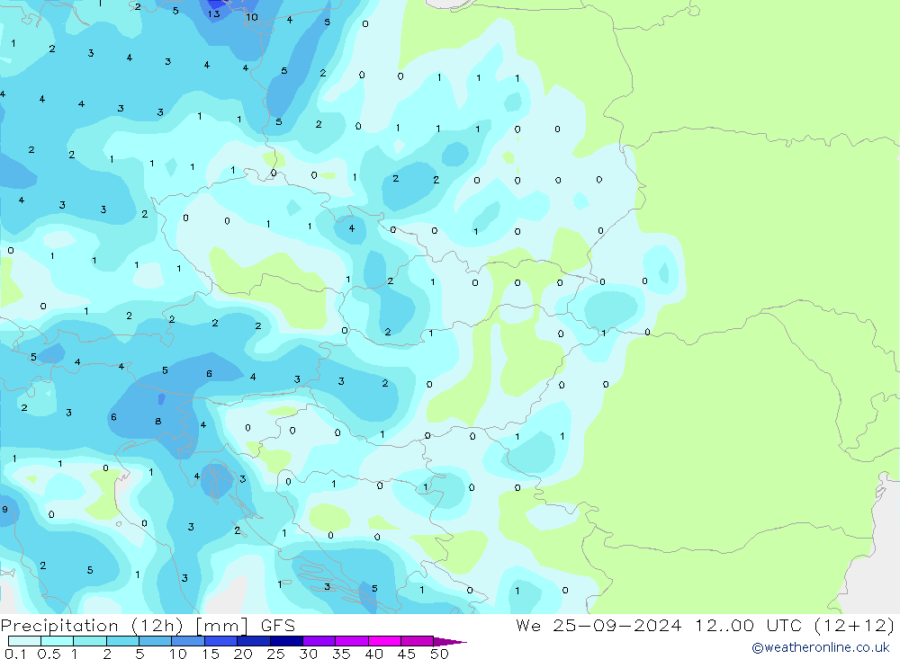 Precipitation (12h) GFS We 25.09.2024 00 UTC