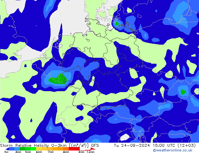 Storm Relative Helicity GFS Tu 24.09.2024 15 UTC