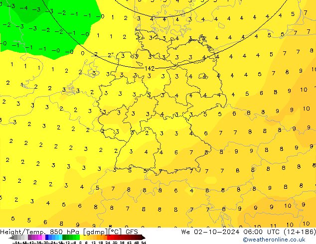 Géop./Temp. 850 hPa GFS mer 02.10.2024 06 UTC