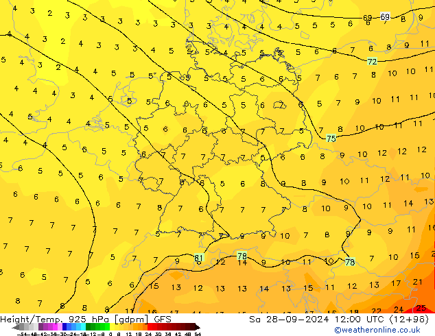 Hoogte/Temp. 925 hPa GFS za 28.09.2024 12 UTC