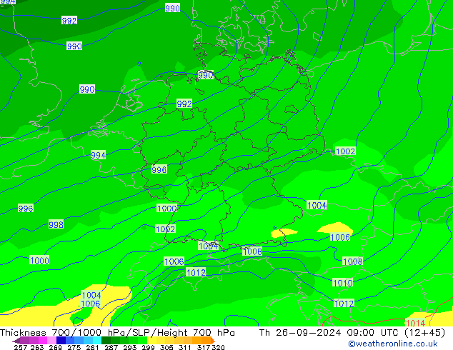 Thck 700-1000 hPa GFS gio 26.09.2024 09 UTC