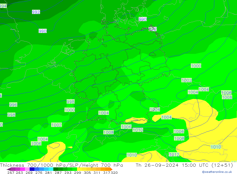 Espesor 700-1000 hPa GFS jue 26.09.2024 15 UTC