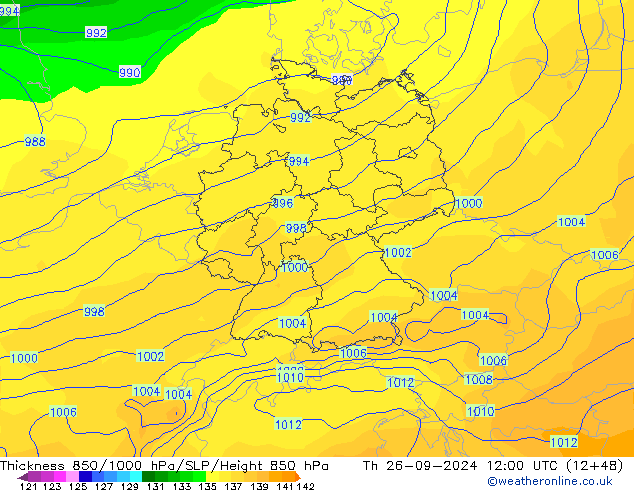 Espesor 850-1000 hPa GFS jue 26.09.2024 12 UTC