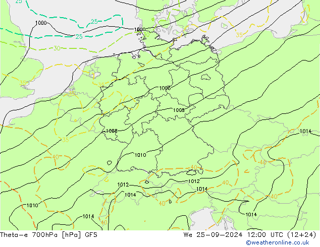 Theta-e 700hPa GFS mer 25.09.2024 12 UTC