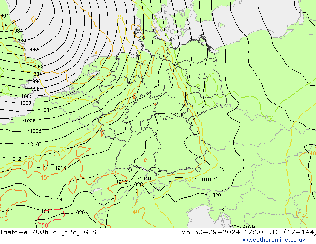 Theta-e 700hPa GFS Mo 30.09.2024 12 UTC