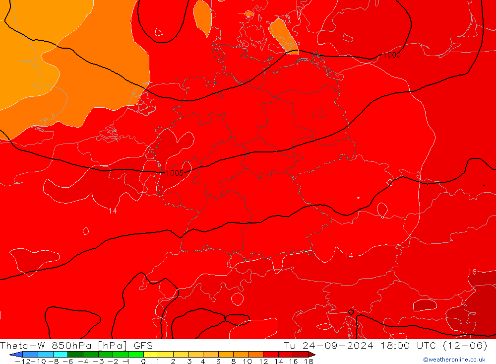 Theta-W 850hPa GFS Tu 24.09.2024 18 UTC