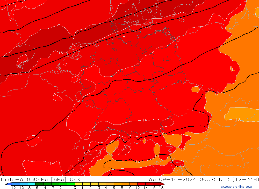 Theta-W 850гПа GFS ср 09.10.2024 00 UTC