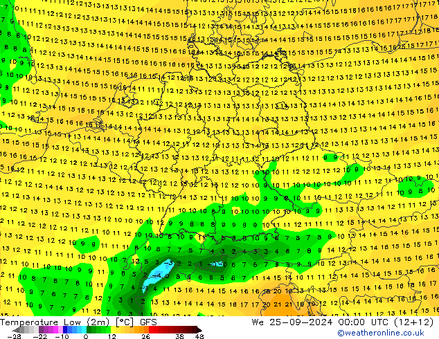 Minumum Değer (2m) GFS Çar 25.09.2024 00 UTC