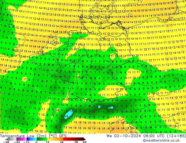 Temperature Low (2m) GFS We 02.10.2024 06 UTC