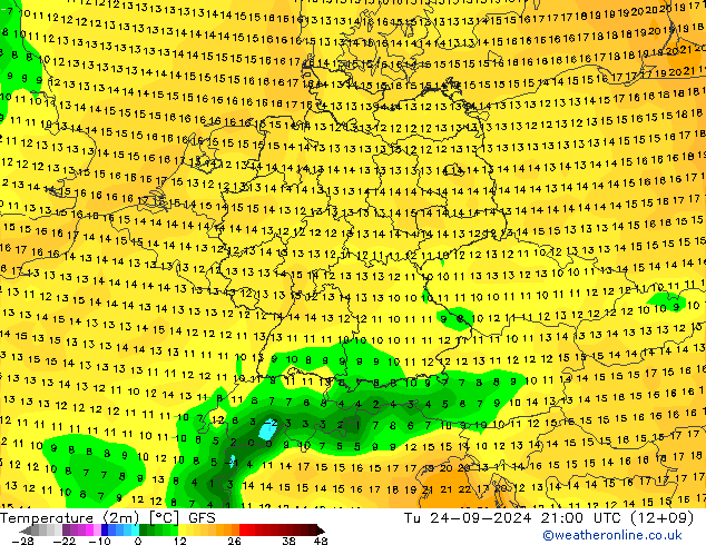 Temperatura (2m) GFS Ter 24.09.2024 21 UTC