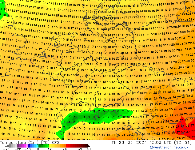 mapa temperatury (2m) GFS czw. 26.09.2024 15 UTC