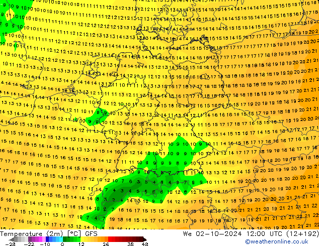 Temperatura (2m) GFS Qua 02.10.2024 12 UTC