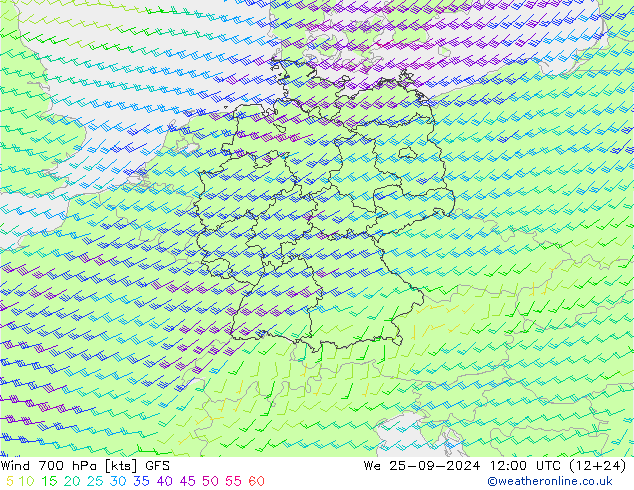 Wind 700 hPa GFS We 25.09.2024 12 UTC