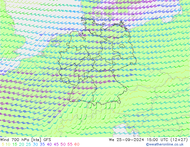 Wind 700 hPa GFS Mi 25.09.2024 15 UTC