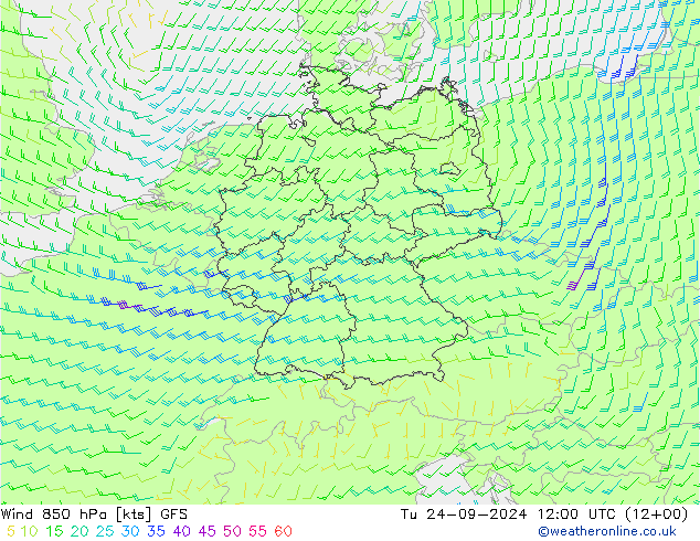 Wind 850 hPa GFS Tu 24.09.2024 12 UTC