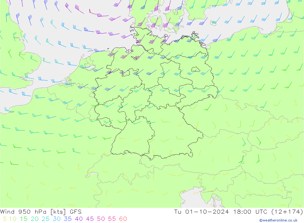 wiatr 950 hPa GFS wto. 01.10.2024 18 UTC