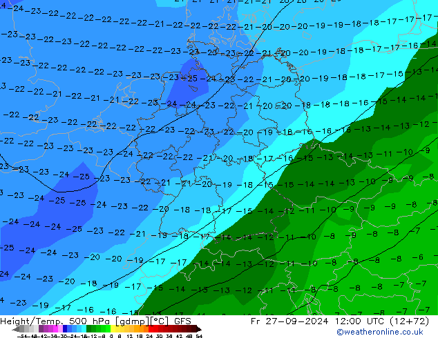 Z500/Rain (+SLP)/Z850 GFS ven 27.09.2024 12 UTC