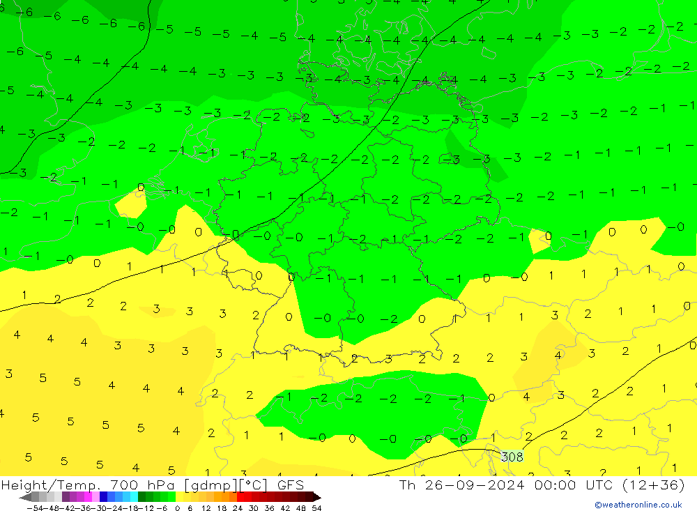 Height/Temp. 700 hPa GFS gio 26.09.2024 00 UTC