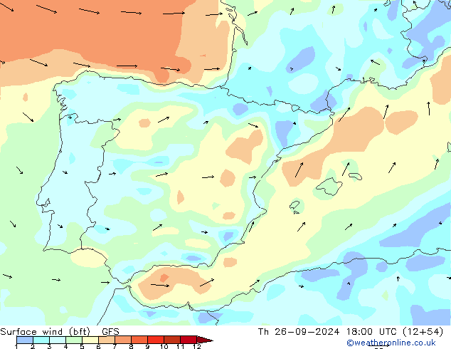 Surface wind (bft) GFS Th 26.09.2024 18 UTC