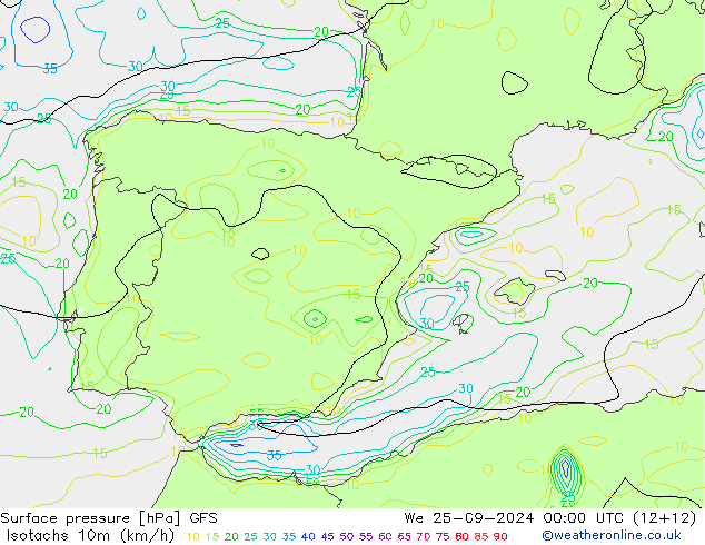 Isotachs (kph) GFS  25.09.2024 00 UTC