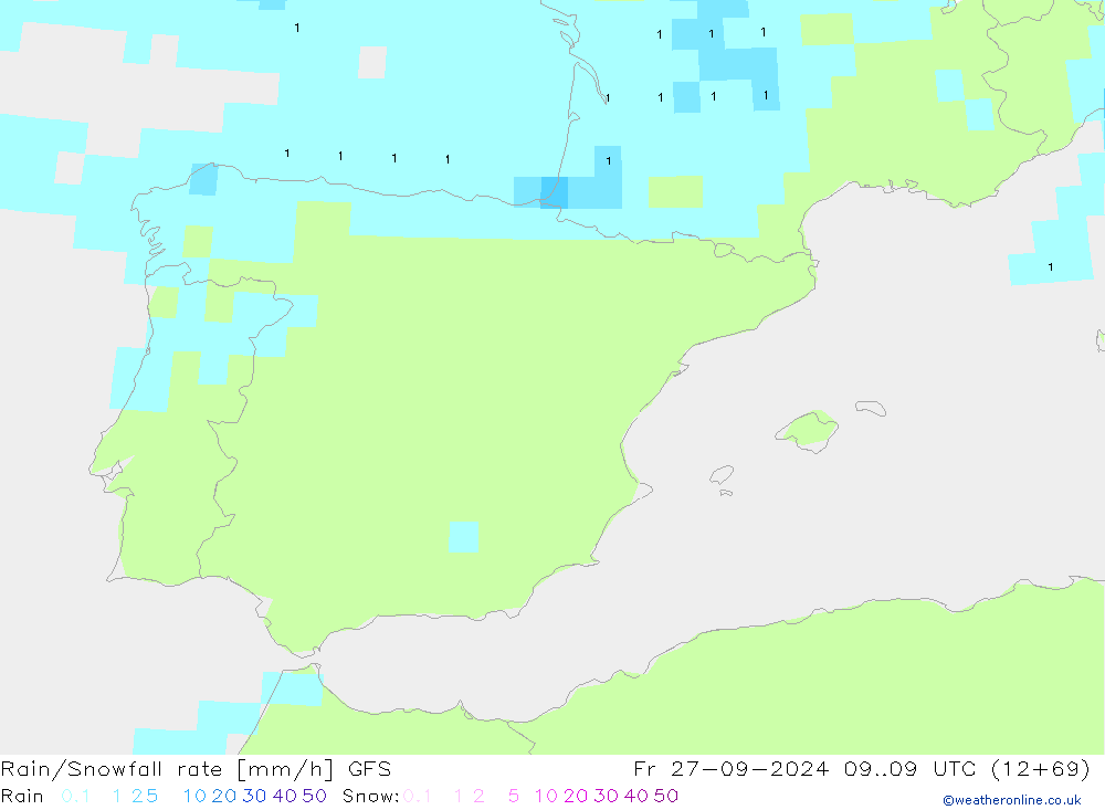 Rain/Snowfall rate GFS Fr 27.09.2024 09 UTC