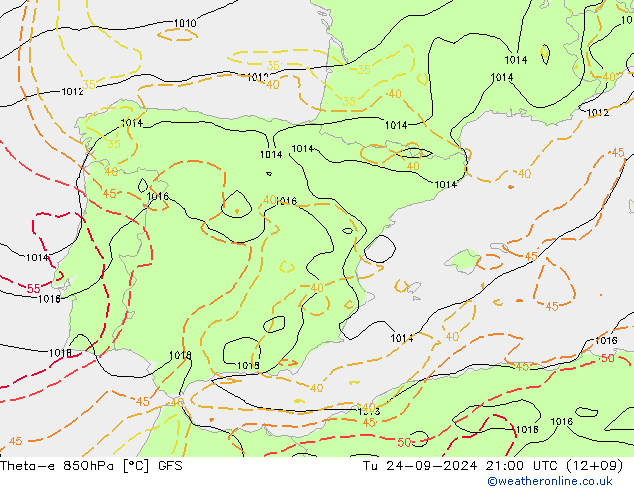 Theta-e 850hPa GFS Ter 24.09.2024 21 UTC