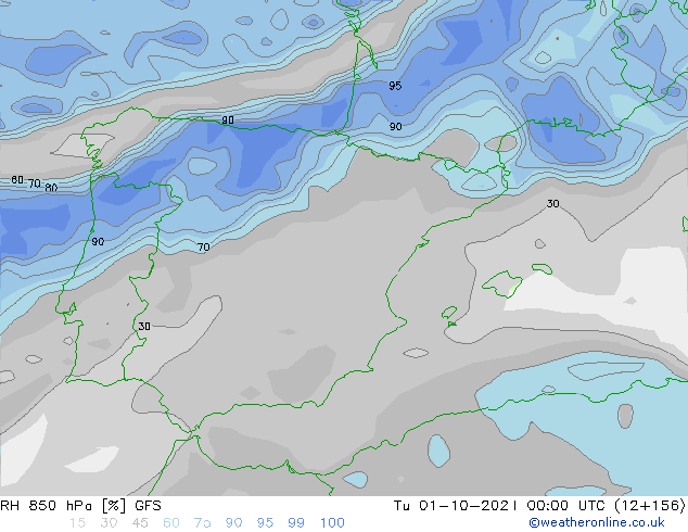 Humidité rel. 850 hPa GFS mar 01.10.2024 00 UTC