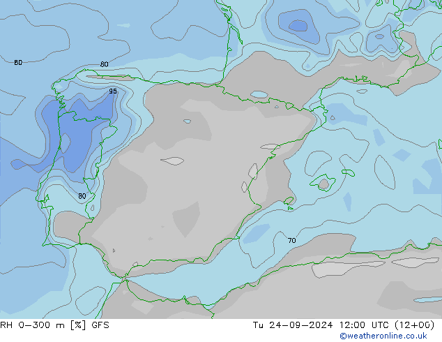 RH 0-300 m GFS Tu 24.09.2024 12 UTC