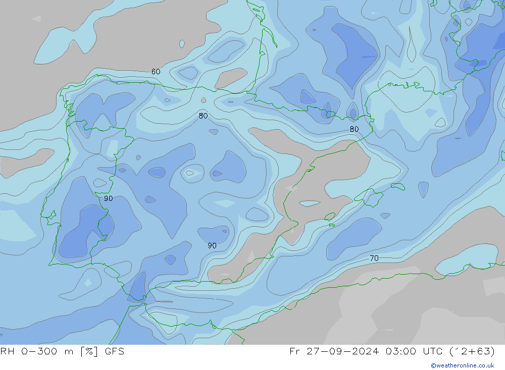 Humidité rel. 0-300 m GFS ven 27.09.2024 03 UTC