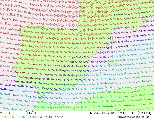 Vento 500 hPa GFS gio 26.09.2024 12 UTC