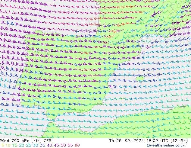 Wind 700 hPa GFS Čt 26.09.2024 18 UTC