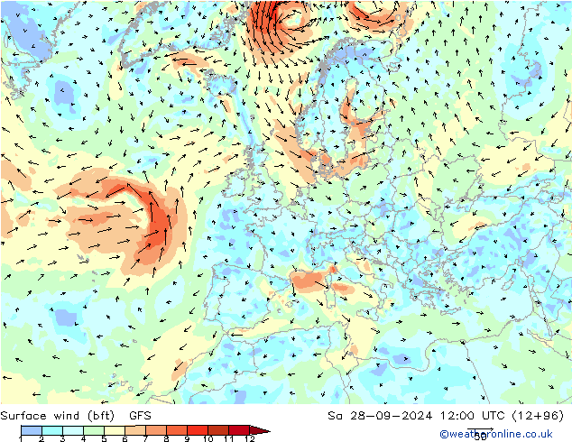 Surface wind (bft) GFS So 28.09.2024 12 UTC