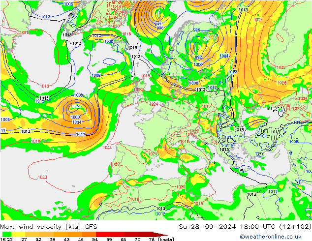 Max. wind velocity GFS Sa 28.09.2024 18 UTC