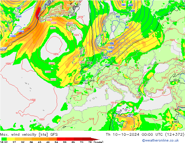 Max. wind velocity GFS czw. 10.10.2024 00 UTC