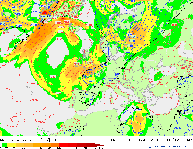 Max. wind velocity GFS чт 10.10.2024 12 UTC