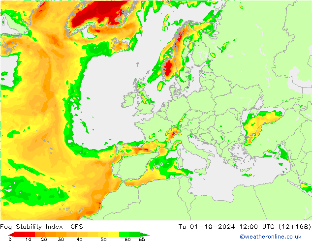 Fog Stability Index GFS wto. 01.10.2024 12 UTC