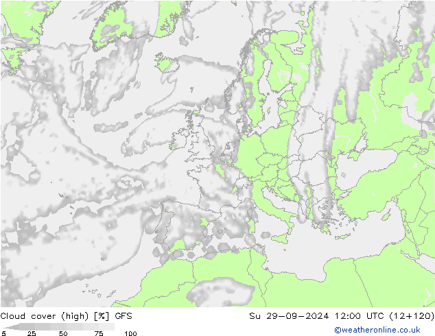 Cloud cover (high) GFS Su 29.09.2024 12 UTC