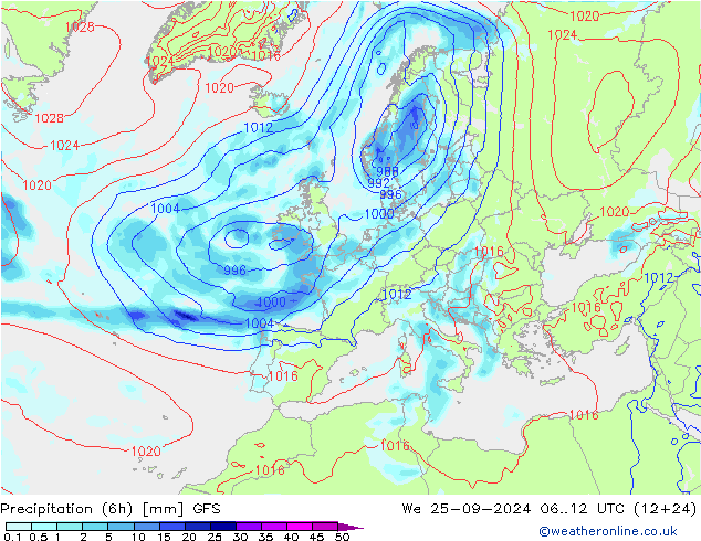 Z500/Rain (+SLP)/Z850 GFS mié 25.09.2024 12 UTC