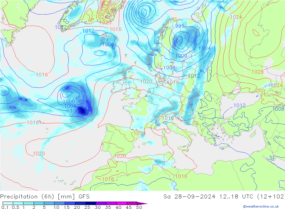 Z500/Rain (+SLP)/Z850 GFS Sa 28.09.2024 18 UTC