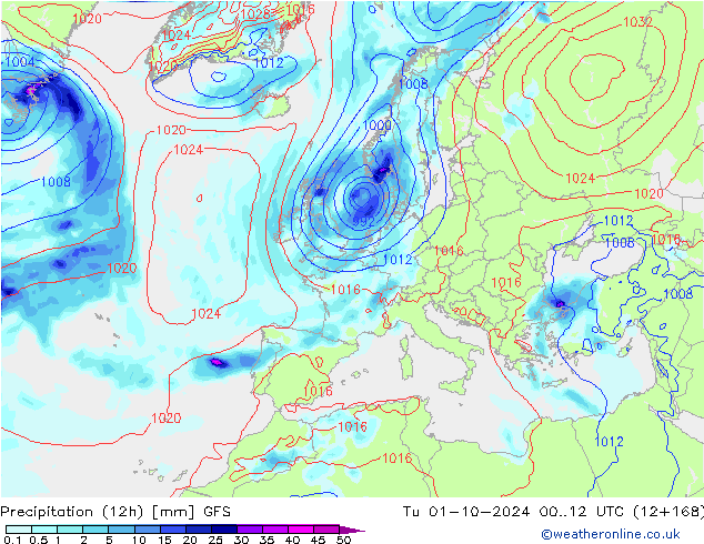 Precipitazione (12h) GFS mar 01.10.2024 12 UTC