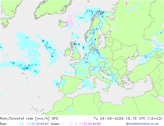 Rain/Snowfall rate GFS Tu 24.09.2024 15 UTC