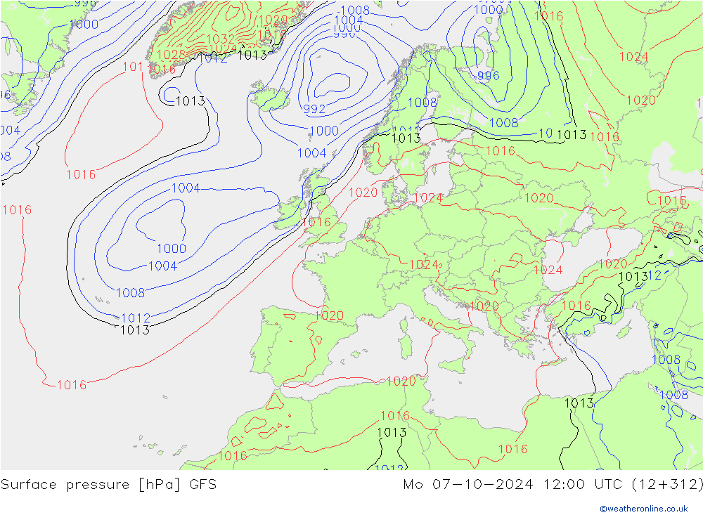 Surface pressure GFS Mo 07.10.2024 12 UTC