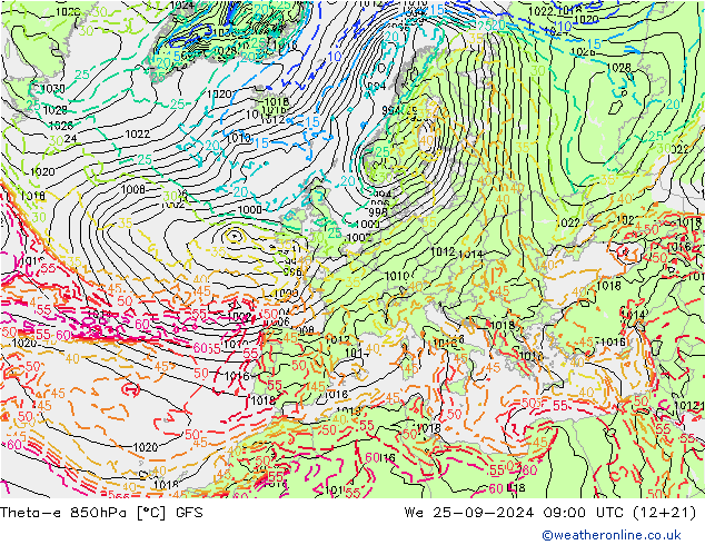 Theta-e 850hPa GFS mié 25.09.2024 09 UTC