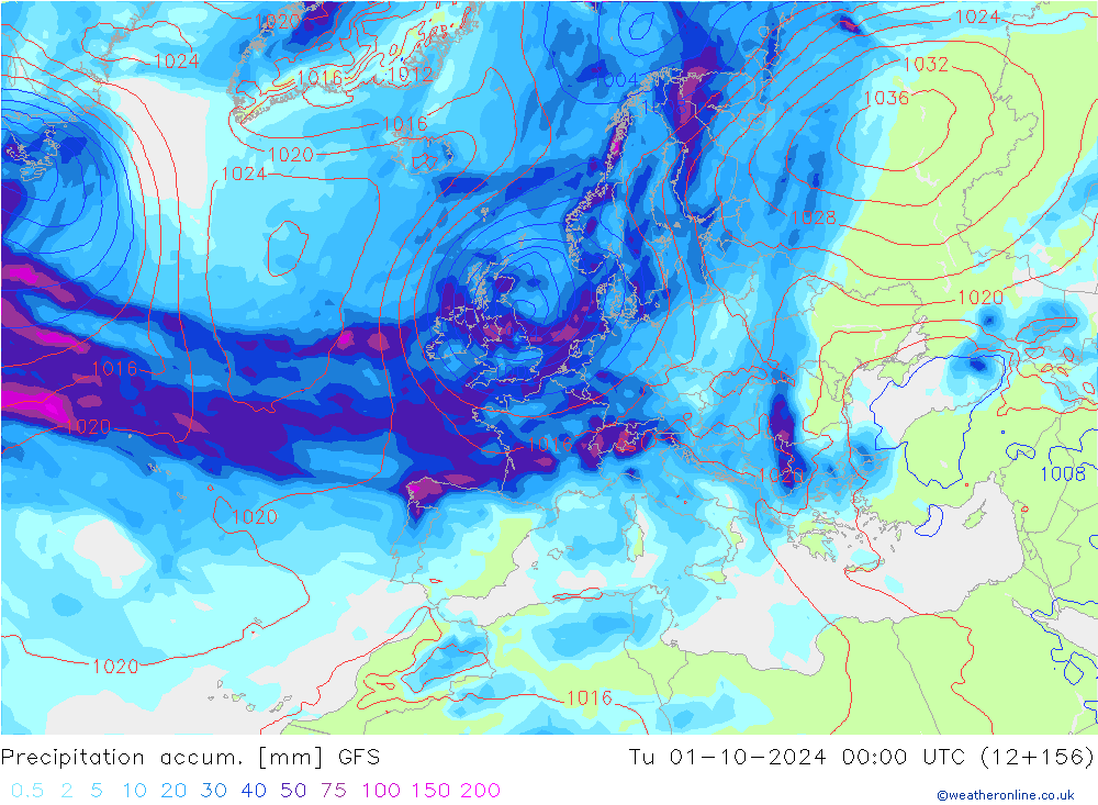 Precipitation accum. GFS wto. 01.10.2024 00 UTC